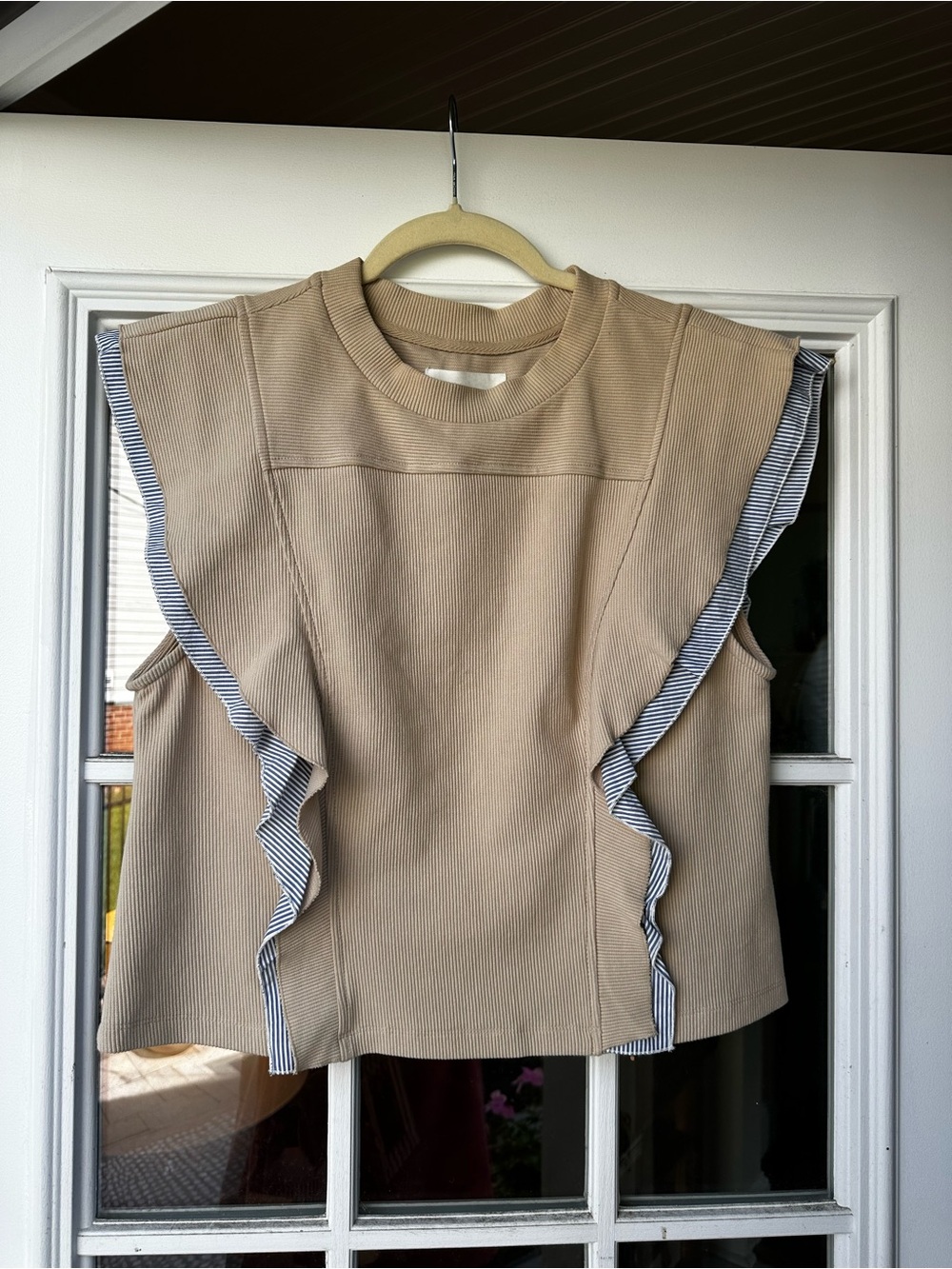 Anthropologie Sleeveless Ruffle Trim Ribbed Top - light sand/chambray strip